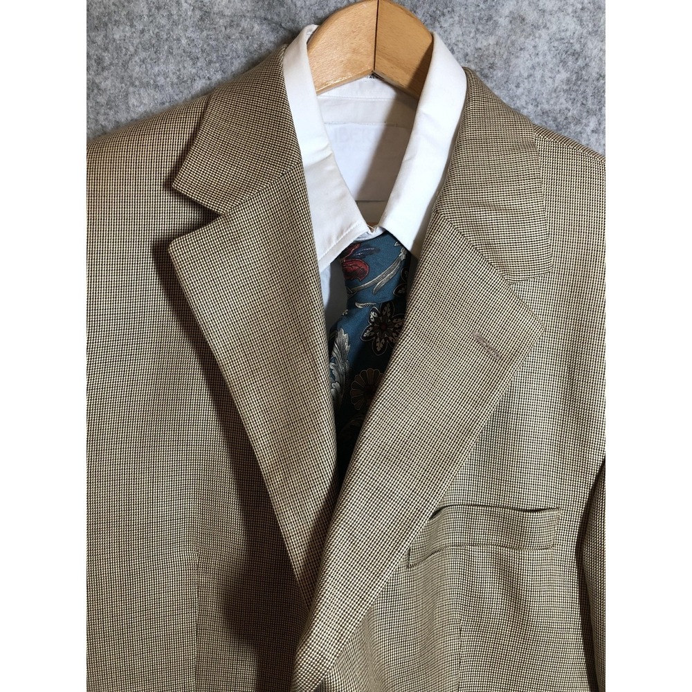 Andrew Fezza Blazer Mens 42L Tan Brown Silk Wool Houndstooth‎ Jacket Sport Coat